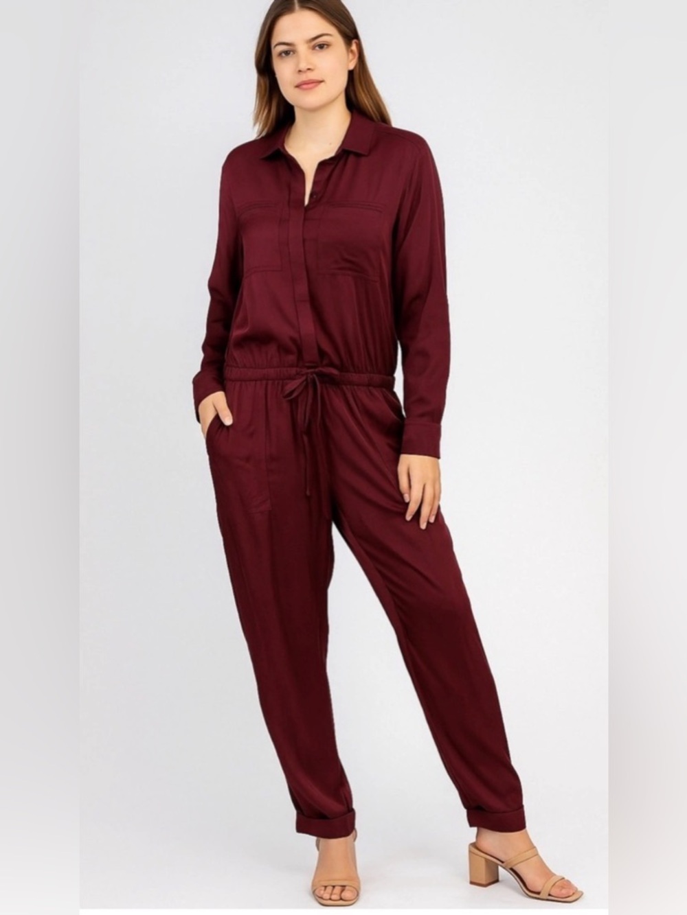 LOFT Burgundy Long-Sleeve Drawstring Jumpsuit - Picture 1 of 5